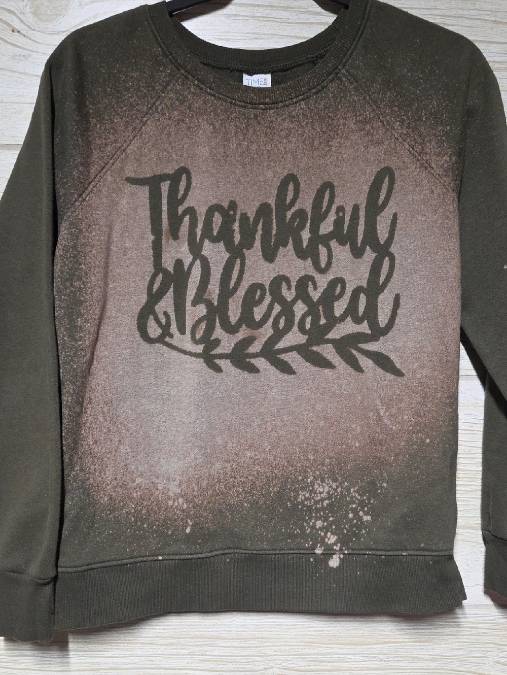 Time and Tru Olive Green 'Thankful & Blessed' Crewneck Sweatshirt